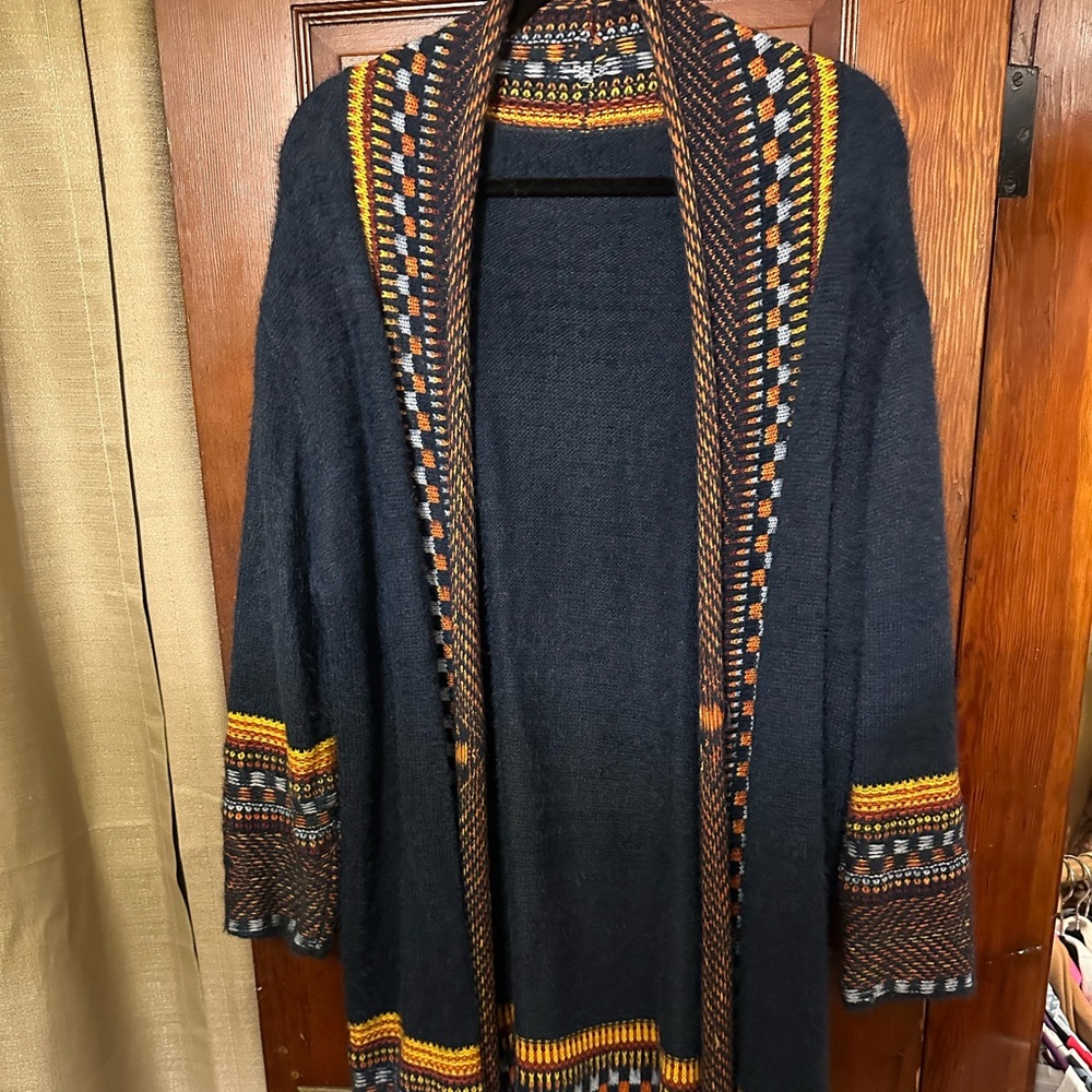 Long navy blue boho cardigan/duster with fringe